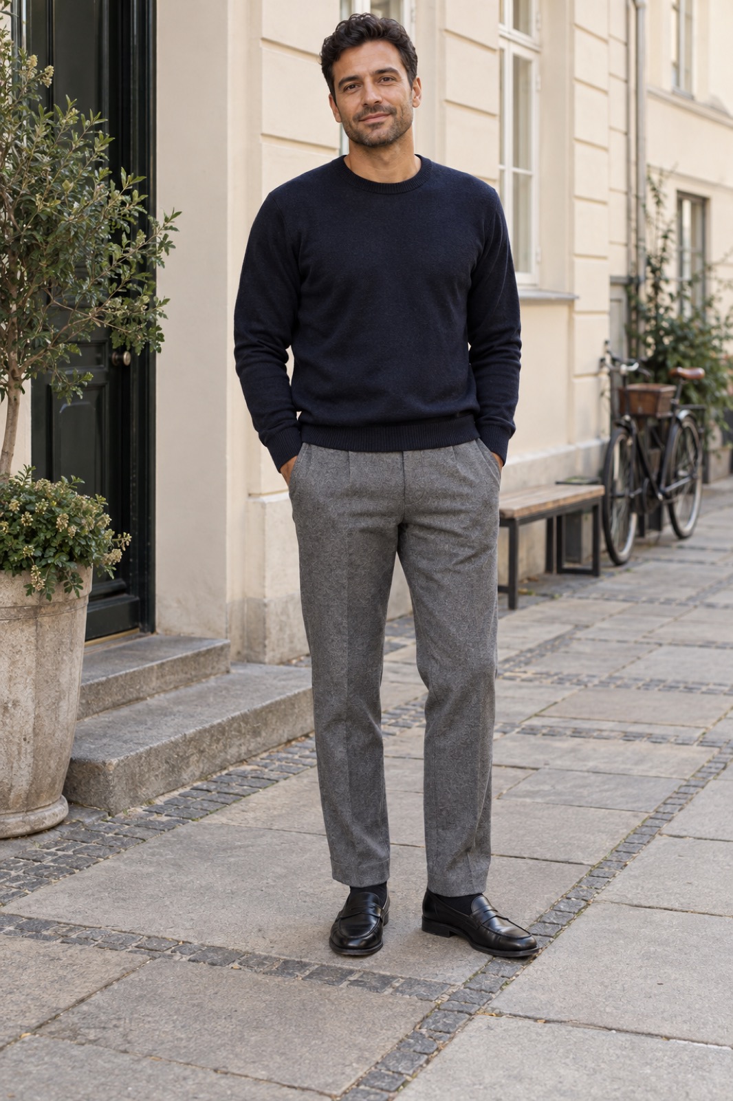 Mand i grå bukser og sorte loafers på et fortov, med hele outfittet synligt