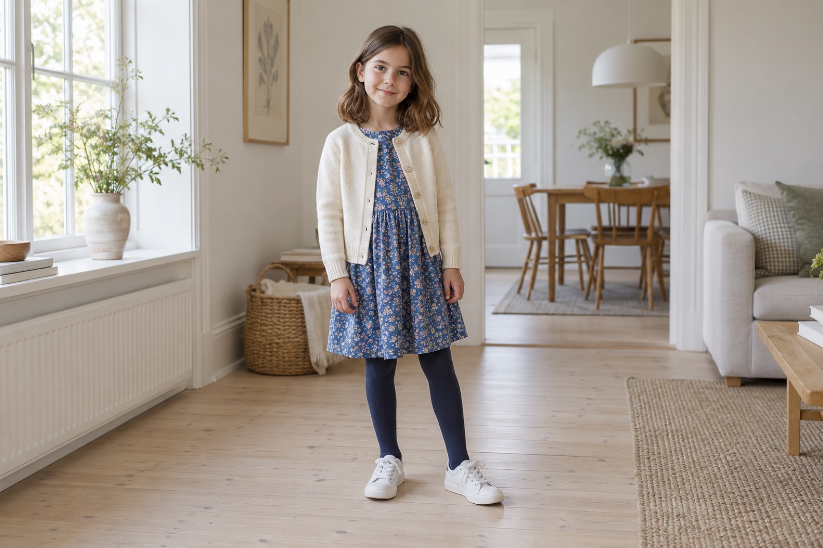 Pige i cremefarvet cardigan over en blå mønstret kjole med strømpebukser og sneakers