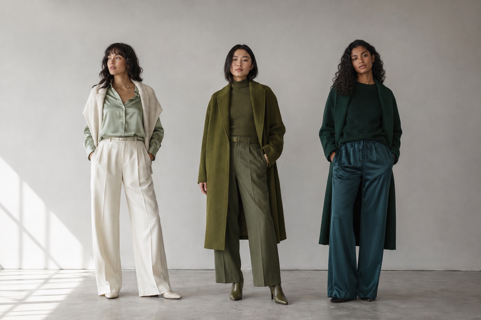 Tre voksne modeller i tonale grønne outfits af satin, strik og uld