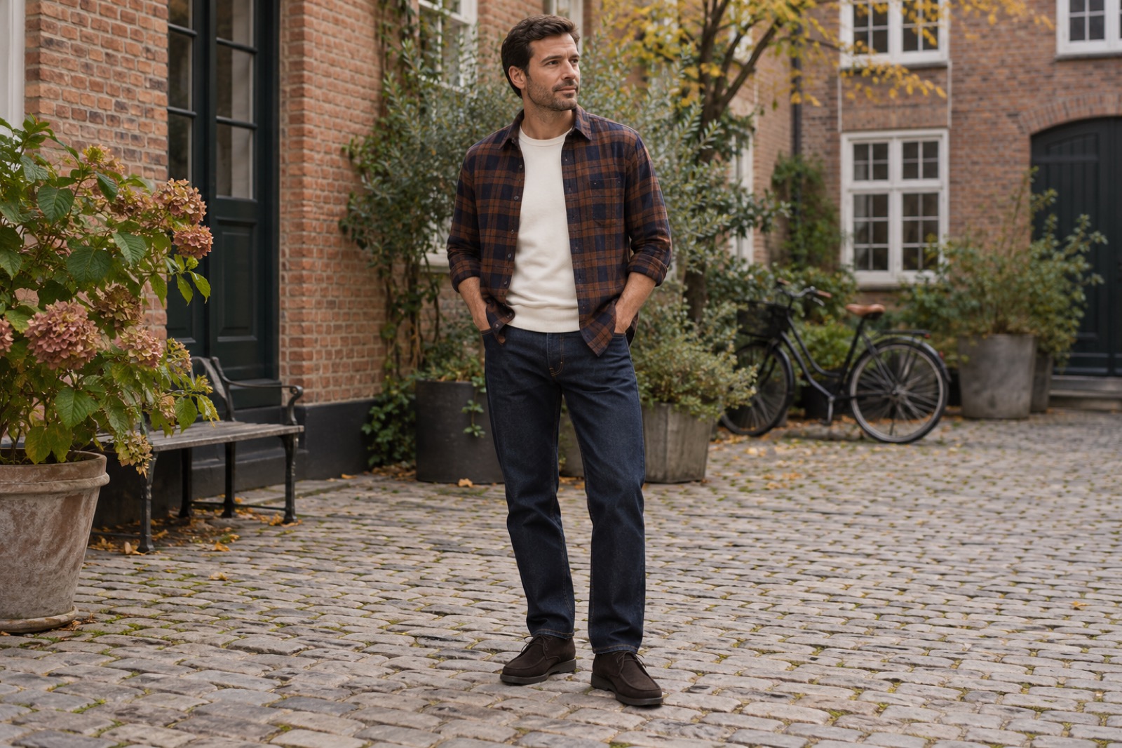 Mand i åben brunternet flannelskjorte over en lys T-shirt og mørke jeans