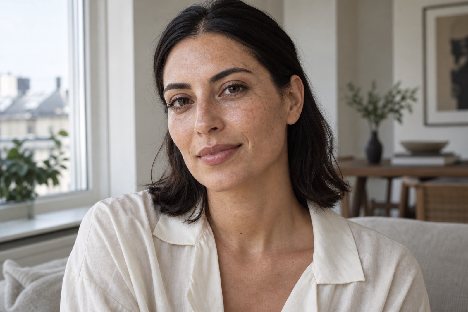 Kvinde med naturlig makeup ved et lyst vindue