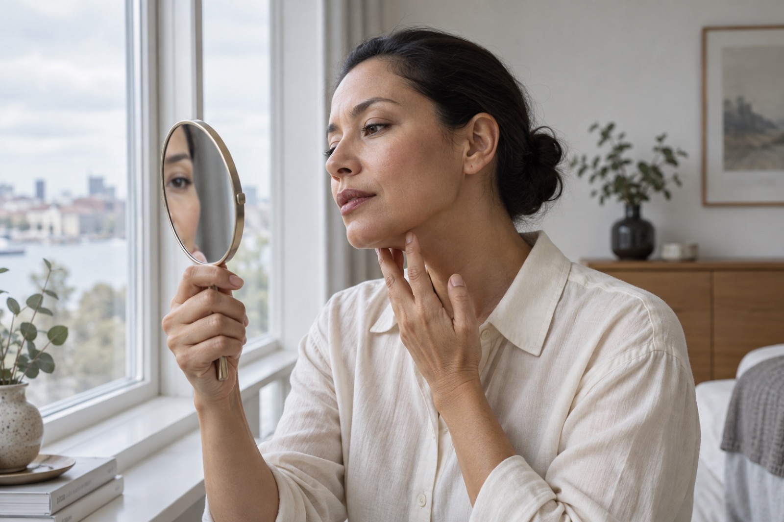 Kvinde vurderer sin makeup i et håndspejl ved et vindue
