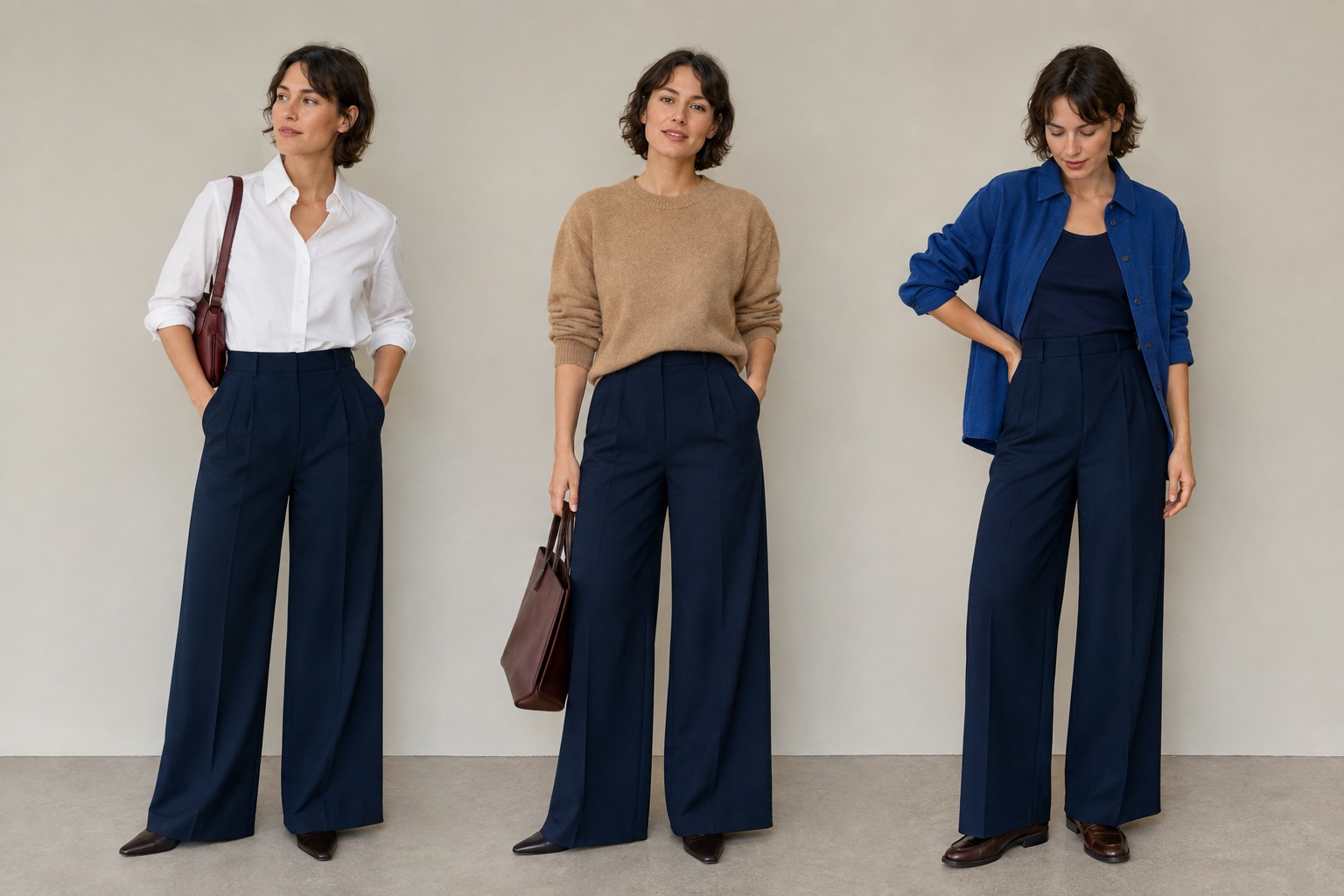 Tre voksne kvinder styler samme navy bukser med hvid skjorte, camel strik og blå overshirt