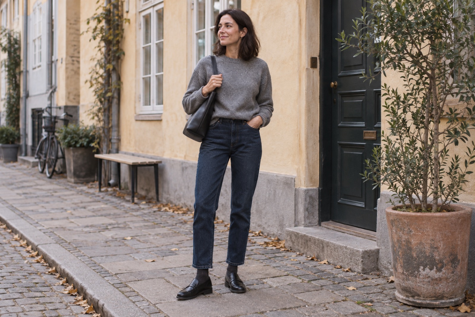 Kvinde i mørke jeans, grå strik og sorte loafers på en københavnsk gade