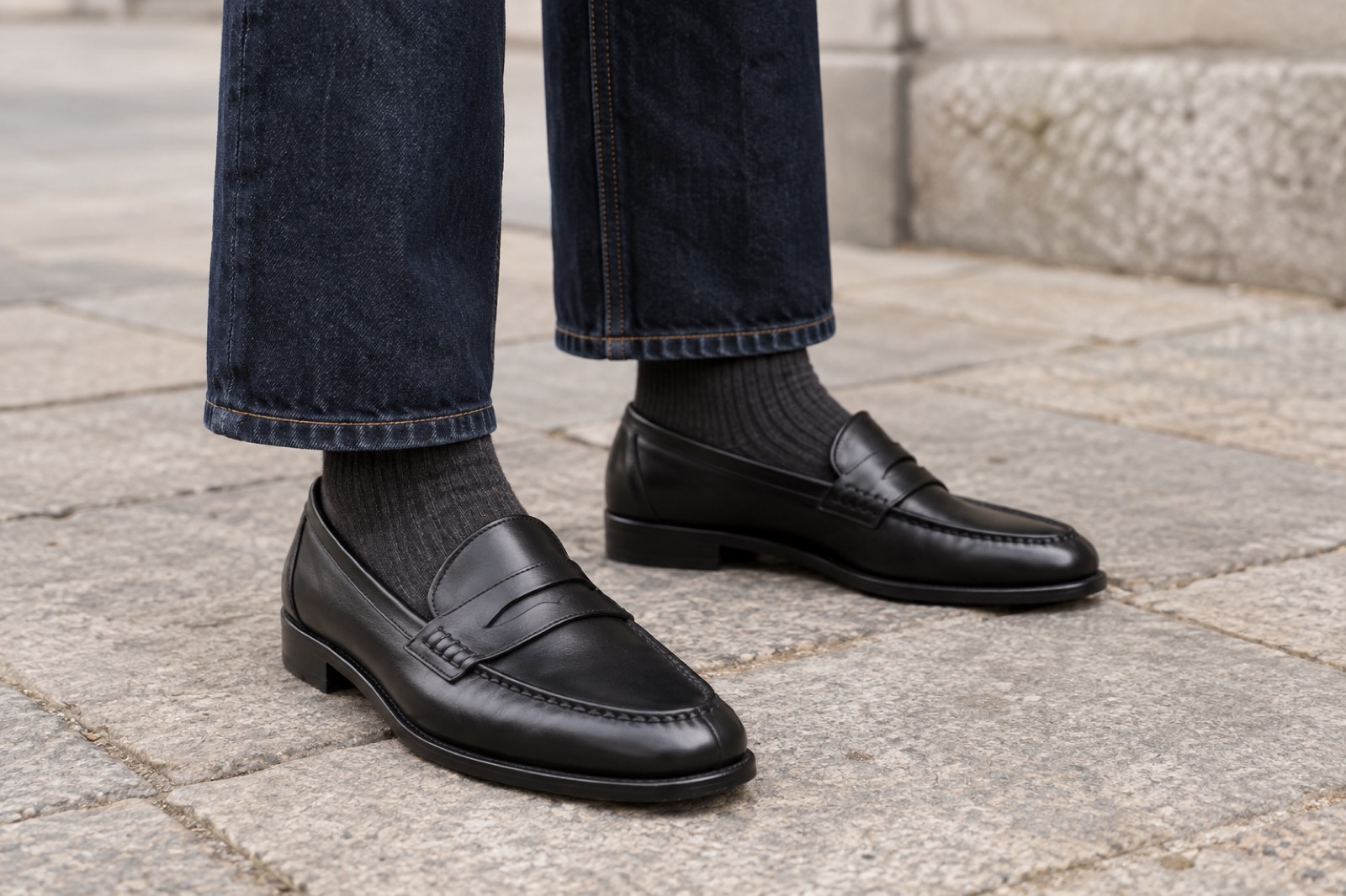 Sorte loafers med koksgrå ribstrømper og lige mørke jeans set tæt på