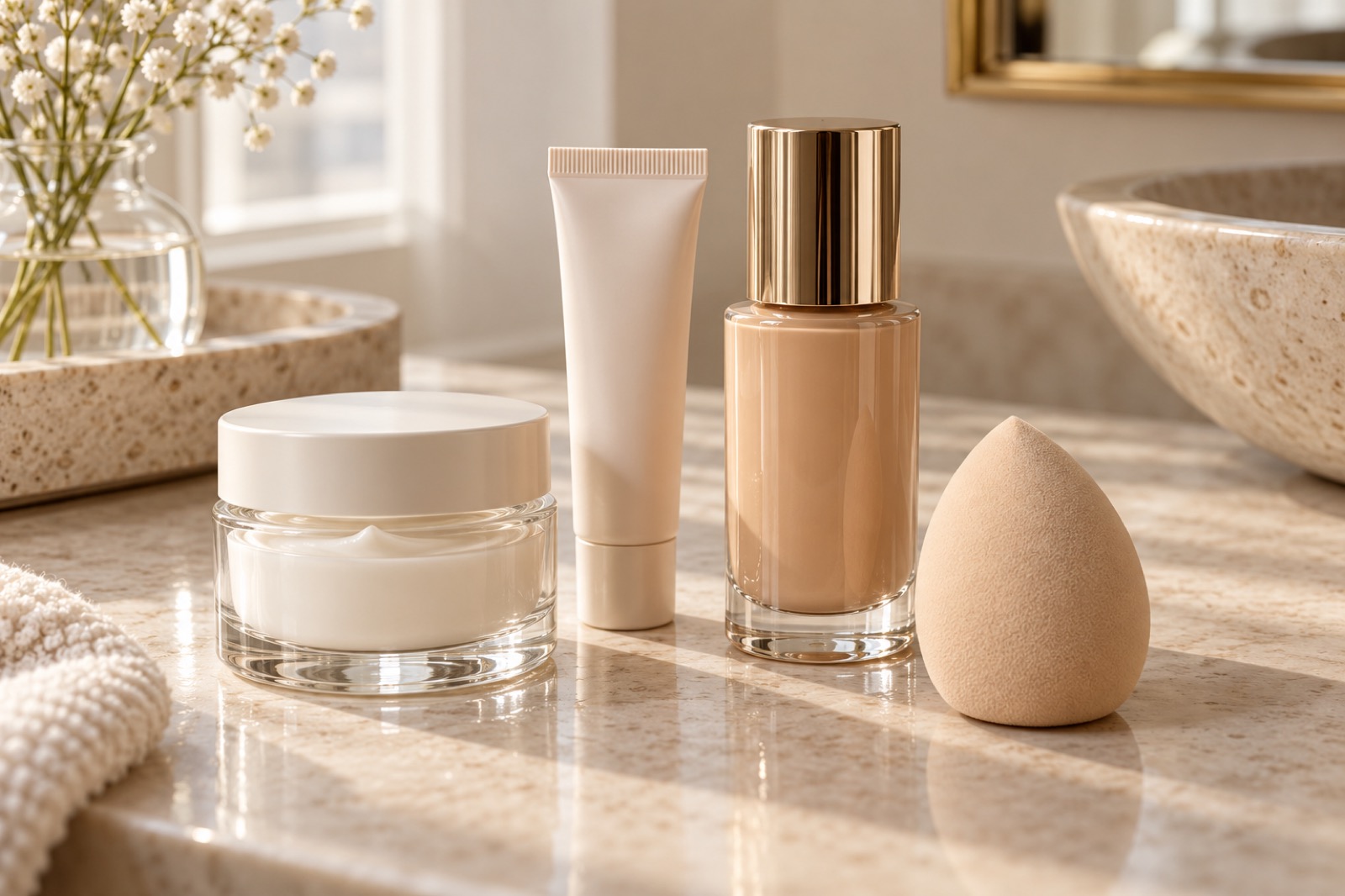 Enkle beholdere med fugtcreme, primer og foundation sammen med en ren makeupsvamp