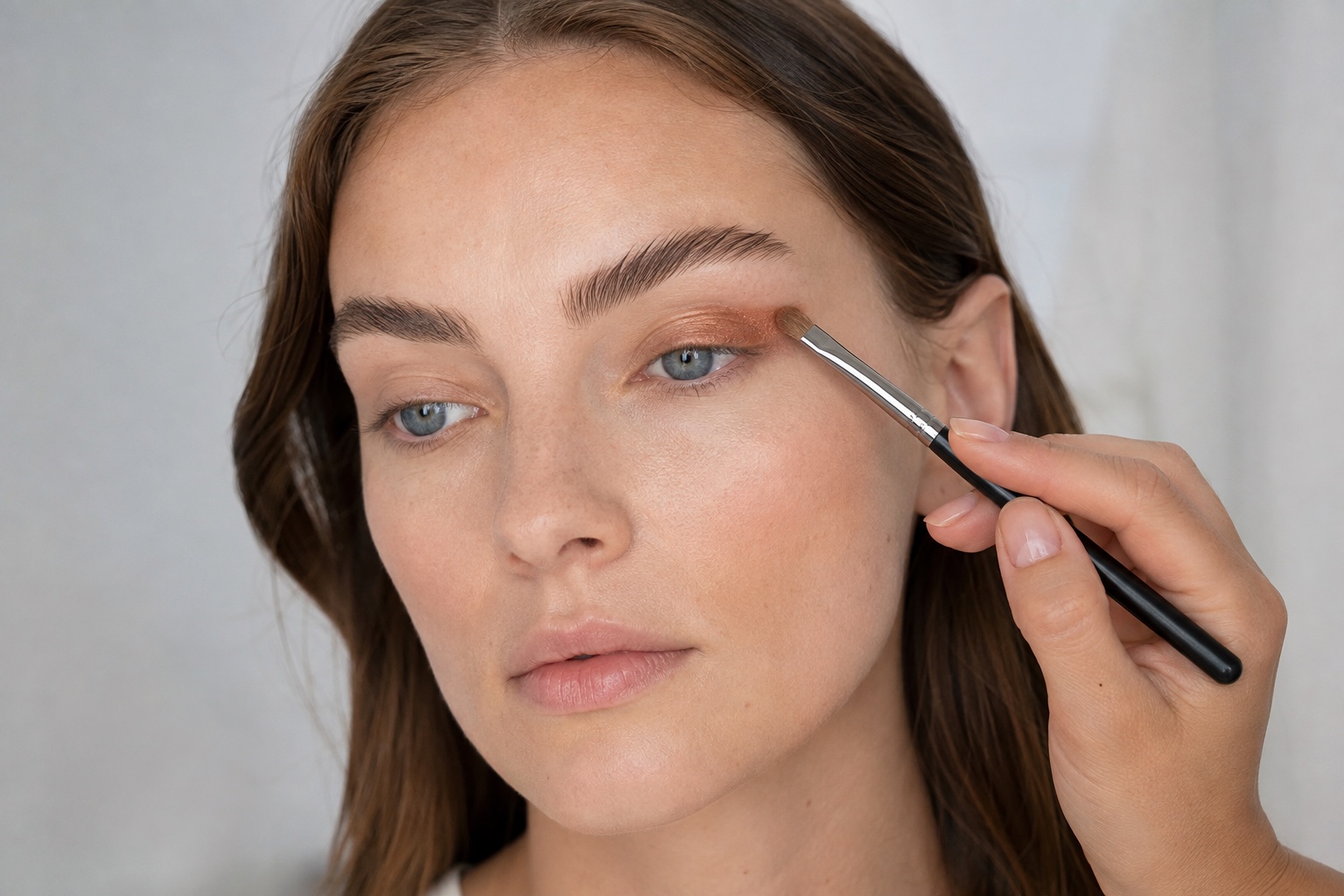 Makeupartist placerer kobberøjenskygge på yderste del af en voksen models øjenlåg