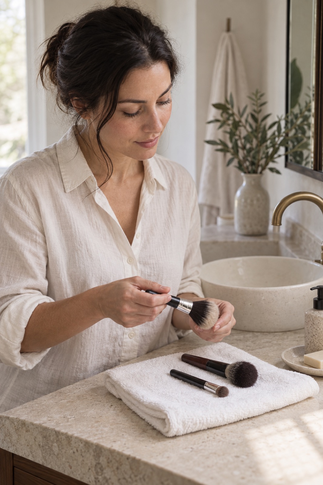 Kvinde ved et lyst badeværelsesbord med makeupbørster og et rent håndklæde