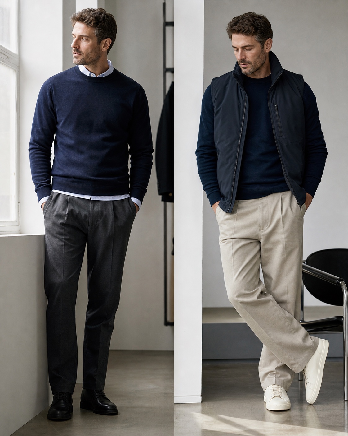 Voksen mand med navy sweatshirt stylet over skjorte og under vest