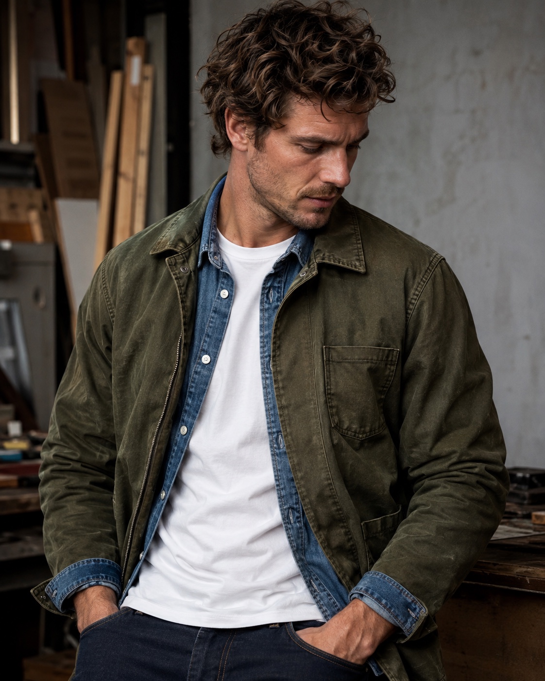 Mand med olivengrøn workwear-jakke over denimskjorte og hvid T-shirt