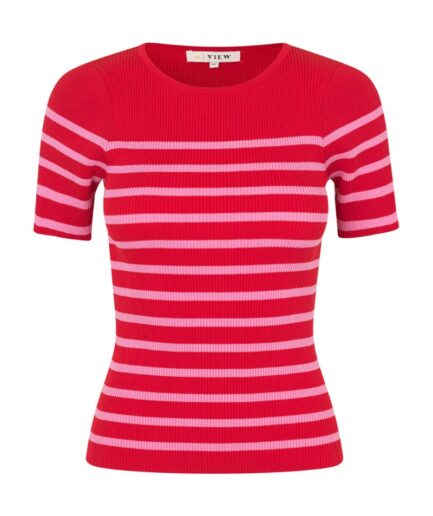 AView  Tshirt  Rib Stripe Short Sleeve Top  RoseRed