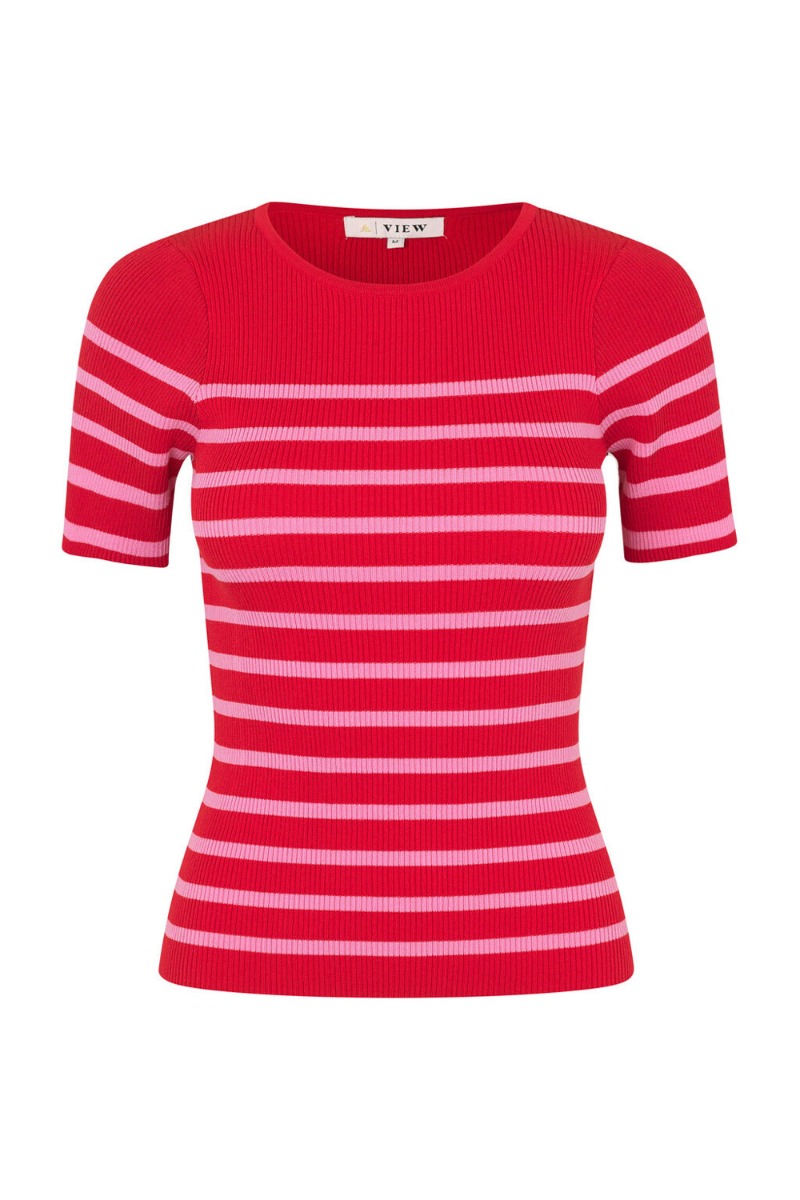 AView  Tshirt  Rib Stripe Short Sleeve Top  RoseRed