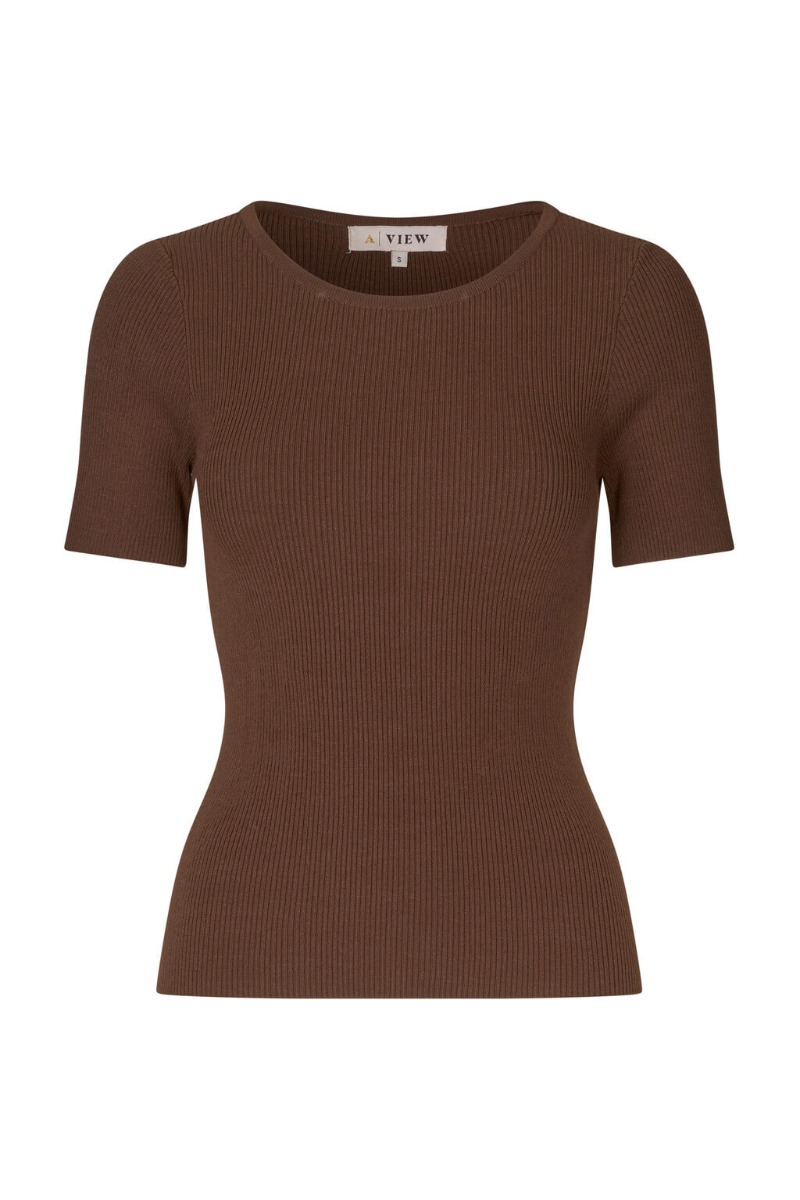 AView  Tshirt  Rib Knit Short Sleeve Top  Brown