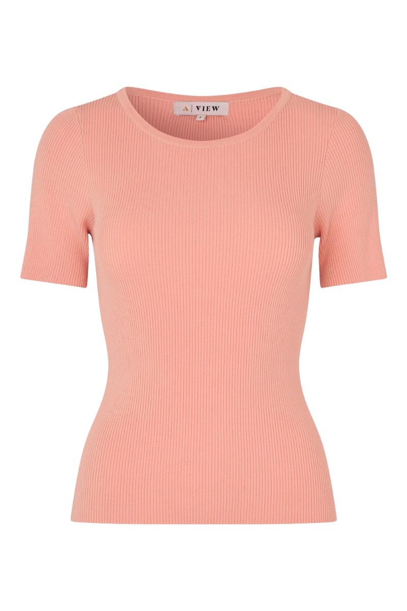 AView  Tshirt  Rib Knit Short Sleeve Top  Peach